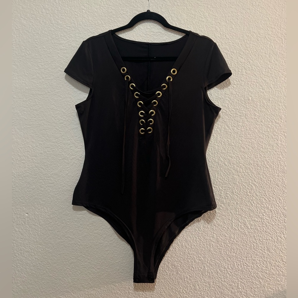🖤 Black Lace Up Snap Crotch Plus Size Bodysuit 🖤